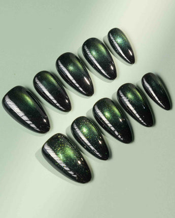 Forest Green Chase custom press-on nails — available in multiple shapes and sizes