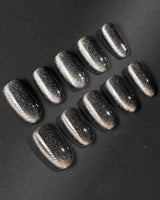 Black Cat-eye press-on nail set — black cat eye design, hand-painted with real gel polish