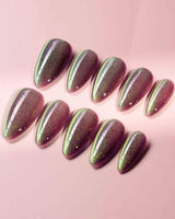 Brown Acrylic Cat-eye press-on nail set — Berry Mauve cat eye design, hand-painted with real gel polish