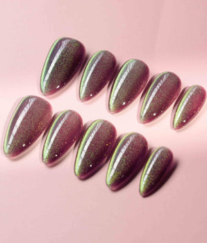 Brown Acrylic Cat-eye nail set with mauve brown cat-eye glow and polished acrylic look