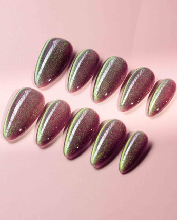 Brown Acrylic Cat-eye press-on nail set — Berry Mauve cat eye design, hand-painted with real gel polish