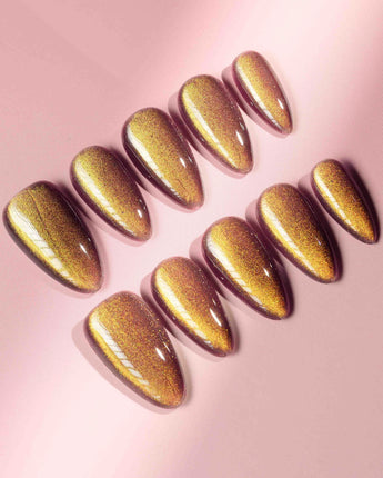 Brown Acrylic Cat-eye press-ons with warm mauve brown color and glossy shimmer