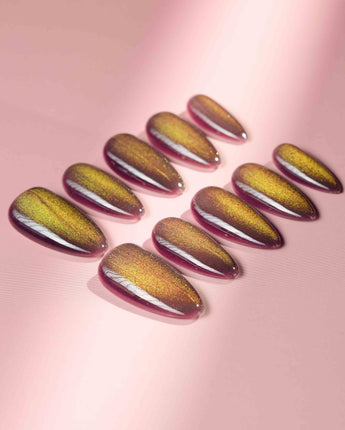 Brown Acrylic Cat-eye nails with soft berry mauve shimmer and warm brown fall tone