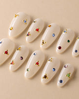 Sicily nails press-on nail set — milky white colorful rhinestone nails design, hand-painted with real gel polish