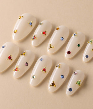 Sicily nails press-on nail set — milky white colorful rhinestone nails design, hand-painted with real gel polish