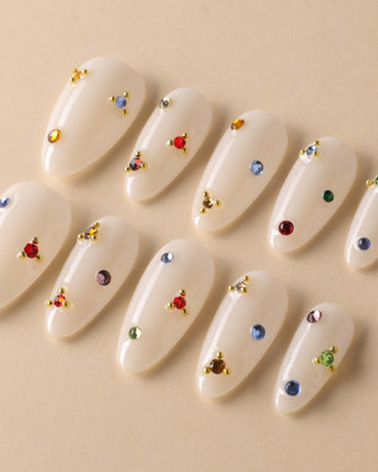 Sicily nails press-on nail set — milky white colorful rhinestone nails design, hand-painted with real gel polish