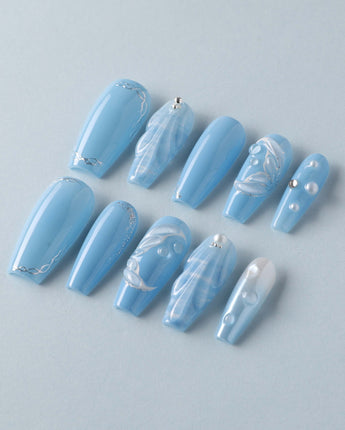 Mermaid Nail Designs Tale blue mermaid press-ons with glossy gel depth