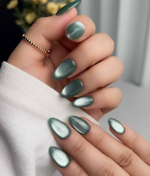 Mint Orb handmade press-on nails featuring Glacier Green Cat Eye