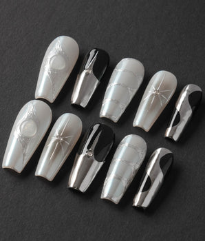 Silver Flame press-on nail set — silver chrome metallic 3D sculpted nails design, hand-painted with real gel polish