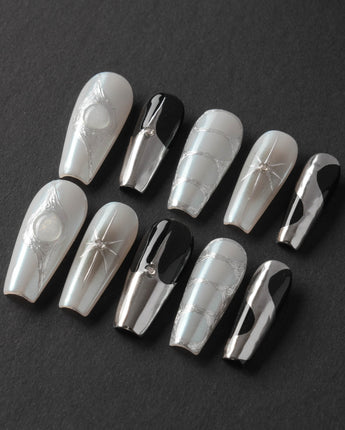 Silver Flame press-on nail set — silver chrome metallic 3D sculpted nails design, hand-painted with real gel polish