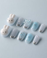 Miffy Summer clean cute nails with baby blue white French tips and silver chrome detail
