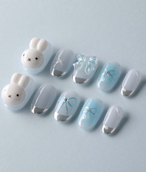 Miffy Summer clean cute nails with baby blue white French tips and silver chrome detail