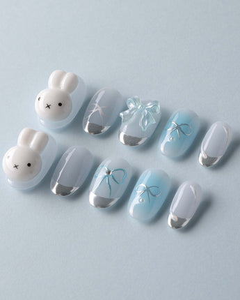 Miffy Summer clean cute nails with baby blue white French tips and silver chrome detail
