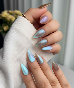 Aurora Icefire press-on nail set — Icy Iridescent Cat Eye. design, hand-painted with real gel polish
