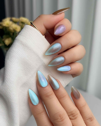 Aurora Icefire press-on nail set — Icy Iridescent Cat Eye. design, hand-painted with real gel polish