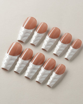 White French Tip Nails - 3D Classic long coffin nails with sculpted transparent gel
