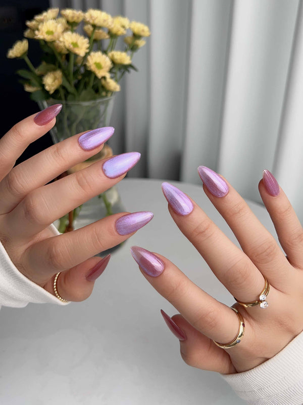 Aurora Mirage handmade press-on nails featuring Dusty Rose, Velvet Cat Eye.