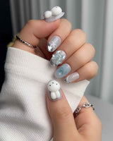 Miffy Summer cute holiday nails with white blue mix French tips and glossy finish