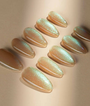Aurora Mist press-on nail set — Champagne Nude, Green Aurora Cat Eye. design, hand-painted with real gel polish