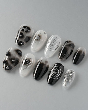 Black & Silver Void custom press-on nails — available in multiple shapes and sizes