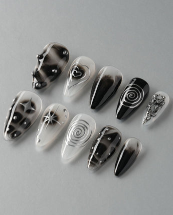 Black & Silver Void custom press-on nails — available in multiple shapes and sizes