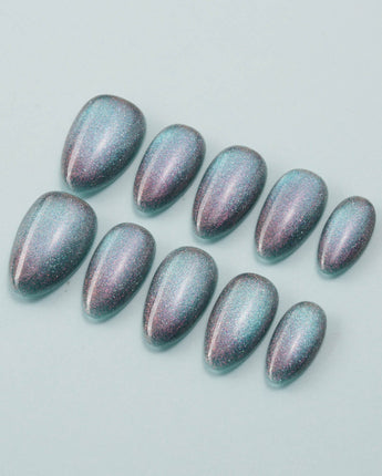 Spinning Aurora custom press-on nails — available in multiple shapes and sizes