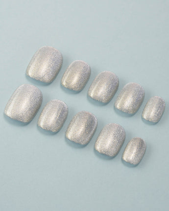 Silver White Cat-eye Nails custom press-on nails — available in multiple shapes and sizes