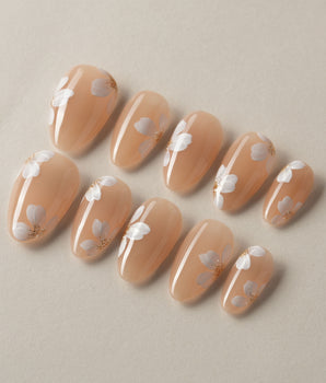 Fleur Fantasy press-on nail set — white floral french tip nails design, hand-painted with real gel polish
