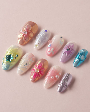 Gem Blossom press-on nails — pastel mix design chrome