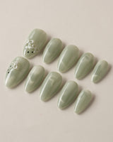 Thump Bunny_Mint nail art close-up showing Sage Green, Velvet Cat Eye Bow. details