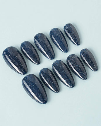 Glitter Glitz Navy custom press-on nails — available in multiple shapes and sizes