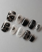 Black & Silver Void custom press-on nails — available in multiple shapes and sizes