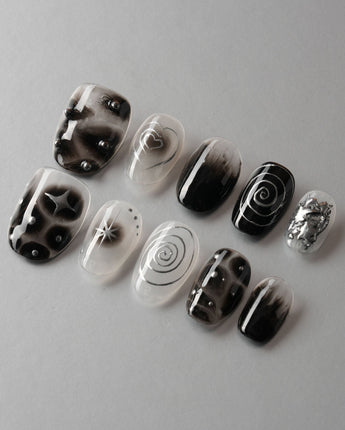Black & Silver Void custom press-on nails — available in multiple shapes and sizes