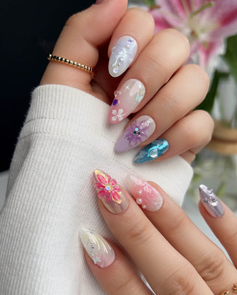 Gem Blossom custom press-on nails — available in multiple shapes and sizes