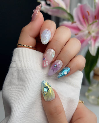 Gem Blossom custom press-on nails — available in multiple shapes and sizes
