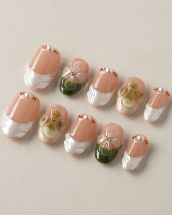 Duchess Olive press-on nails with olive green 3D florals and glossy French tip accents