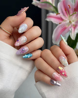 Gem Blossom handmade press-on nails featuring pastel mix design chrome iridescent flower pearl butterfly 3D accents