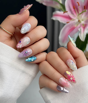 Gem Blossom handmade press-on nails featuring pastel mix design chrome iridescent flower pearl butterfly 3D accents