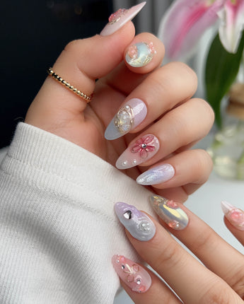 My Backyard nail art close-up showing Icy Multicolor, 3D Gold Wire Florals. details