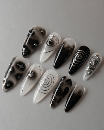 Black & Silver Void custom press-on nails — available in multiple shapes and sizes