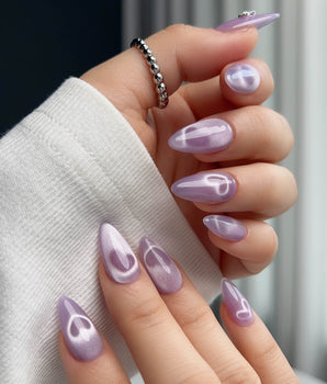 Thump Bunny_Taro press-on nail set — Lavender Purple, Heart Magnet Cat Eye. design, hand-painted with real gel polish