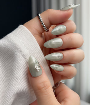 Thump Bunny_Mint press-on nail set — Sage Green, Velvet Cat Eye Bow. design, hand-painted with real gel polish