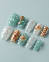 Mauritius Escape beach selfie nails with pearly mint gloss and 3D ocean accents
