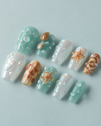 Mauritius Escape beach selfie nails with pearly mint gloss and 3D ocean accents