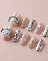 Miffy's Vacay custom nails with sculpted 3D charm and reflective silver chrome