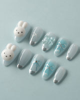 Miffy Summer short oval press-ons with baby blue accents and polished cute design