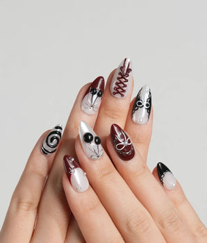 Dark Miffy press-on nails — black white red mix