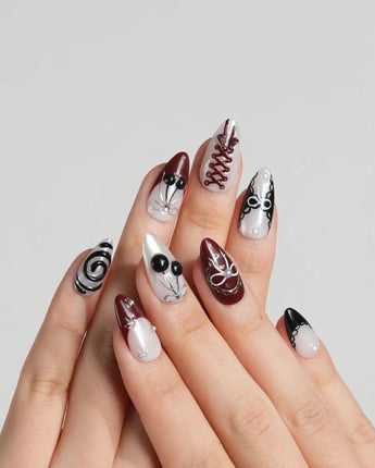 Dark Miffy press-on nails — black white red mix