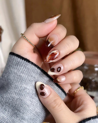 Latte Coffee press-on nails with caramel coffee marble, 3D coffee beans and glossy milk foam accents
