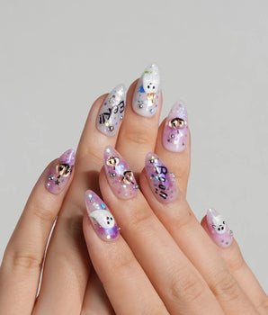 Hallow’s Eve press-on nails — sheer pink base iridescent